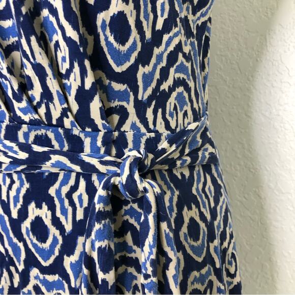Boden blue and cream geometric print tie waist dress size 8L or 8 Long - Picture 6 of 15